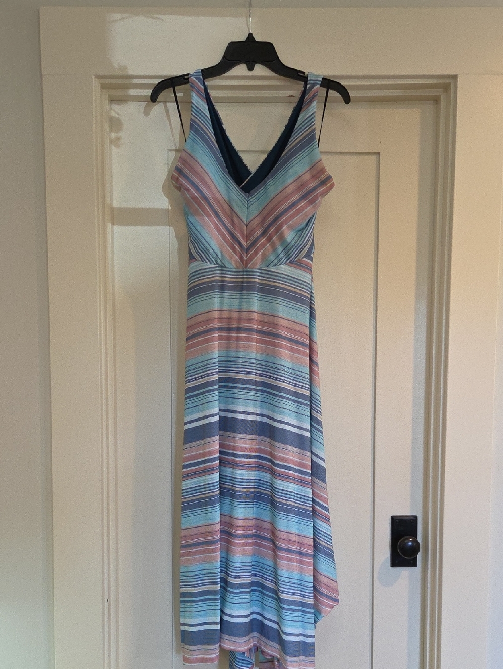Prana Sleeveless Striped V-Neck Maxi Dress in Blue, Pink & Cream